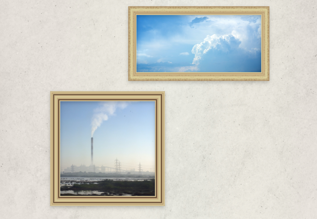 two frames on a wall, In one frame is an image of smoke going into the air, in the other clouds.
