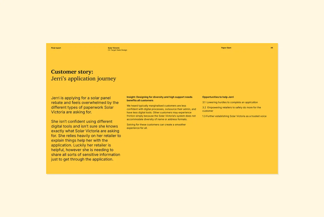 Report page telling Jerri's application journey, a customer story drawn from research interviews