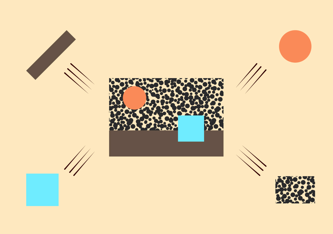4 abstract shapes sit in each corner of the image. In the middle is an illustration that uses each shape together to form 1 image.