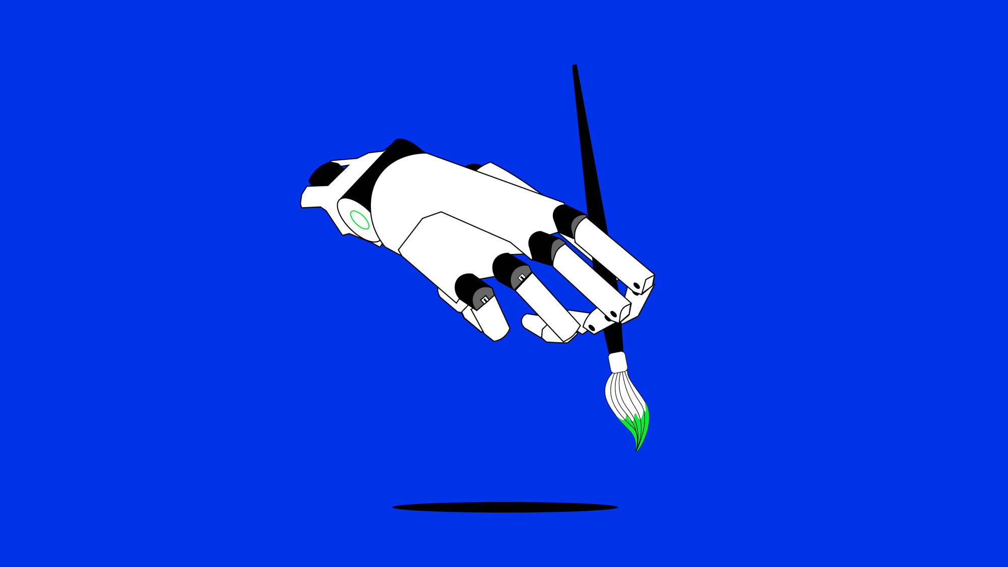 Digitally drawn illustration of a robotic hand holding a paint brush with green ink on the brush tip. Image has an electric blue background.