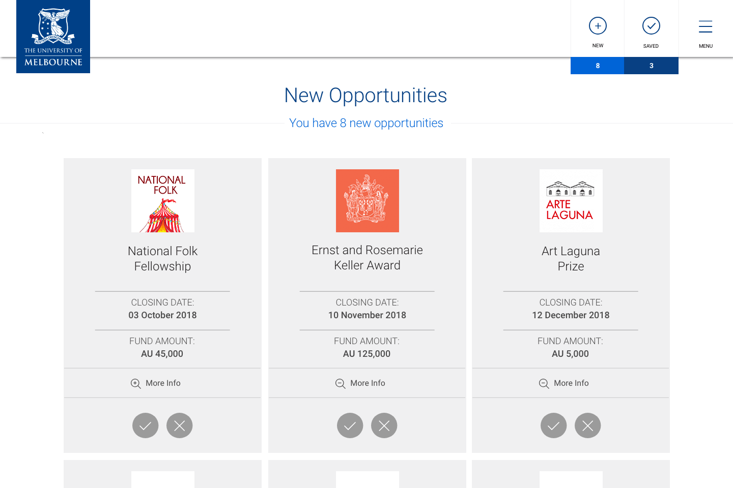 Screenshot of a grant opportunities dashboard, showing three of eight new opportunities. Each opportunity includes the organisation name, funding amount and closing date. There are buttons that allow the user to accept or reject each opportunity. 