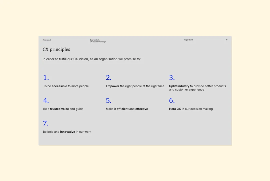 Report page listing the seven Solar Victoria CX Principles written as promises to customers