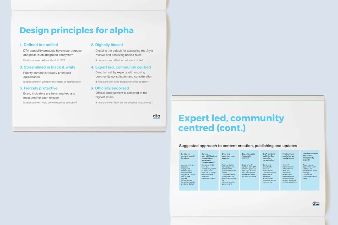 A mock-up of two report pages. Page one includes the design principles for alpha. Page two includes some suggested approaches to content creation.
