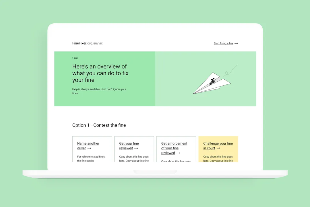 An image showing the Fine Fixer interface. This one provides you with a range of options around what you can do to fix your fine. The first option is contest your fine with a range of sub options an individual could take.