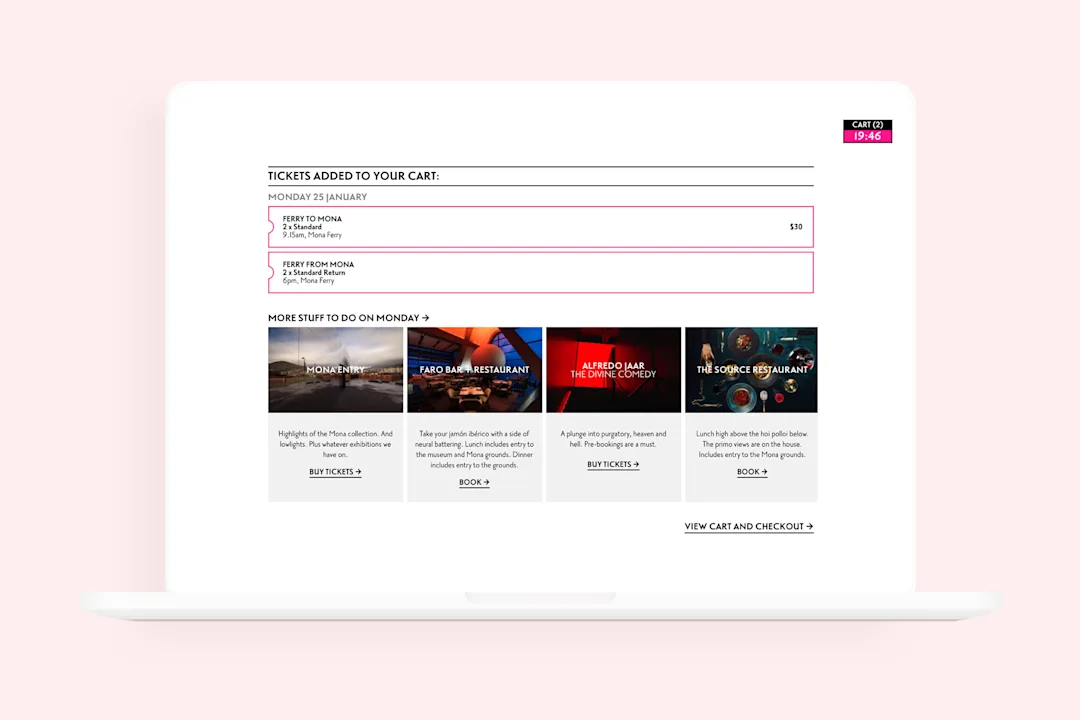 A screenshot showing the cart for the booking and options to book entry and additional experiences on arrival