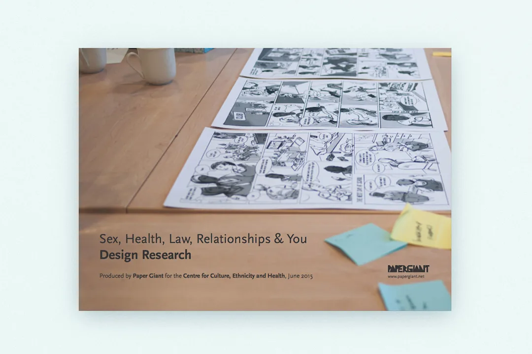 An image of the report, showing the title and a photo with sexual health comic strips and post it notes.
