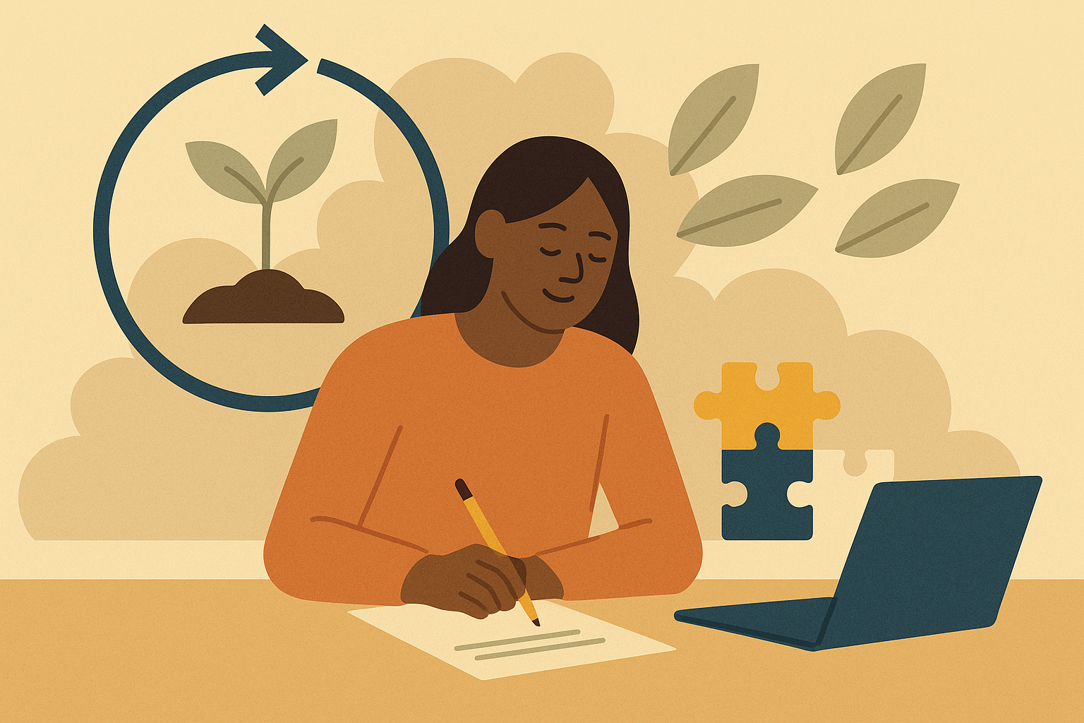 A strategic designer sketches ideas at her desk, surrounded by symbols of regeneration, systems thinking, and creative problem-solving—capturing the harmony between circular economy principles and thoughtful workshop design.