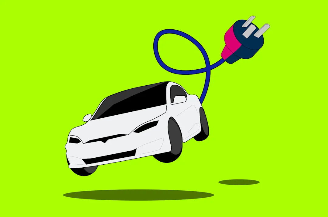 Lime green backdrop and illustration of flying car with a power chord attached to it
