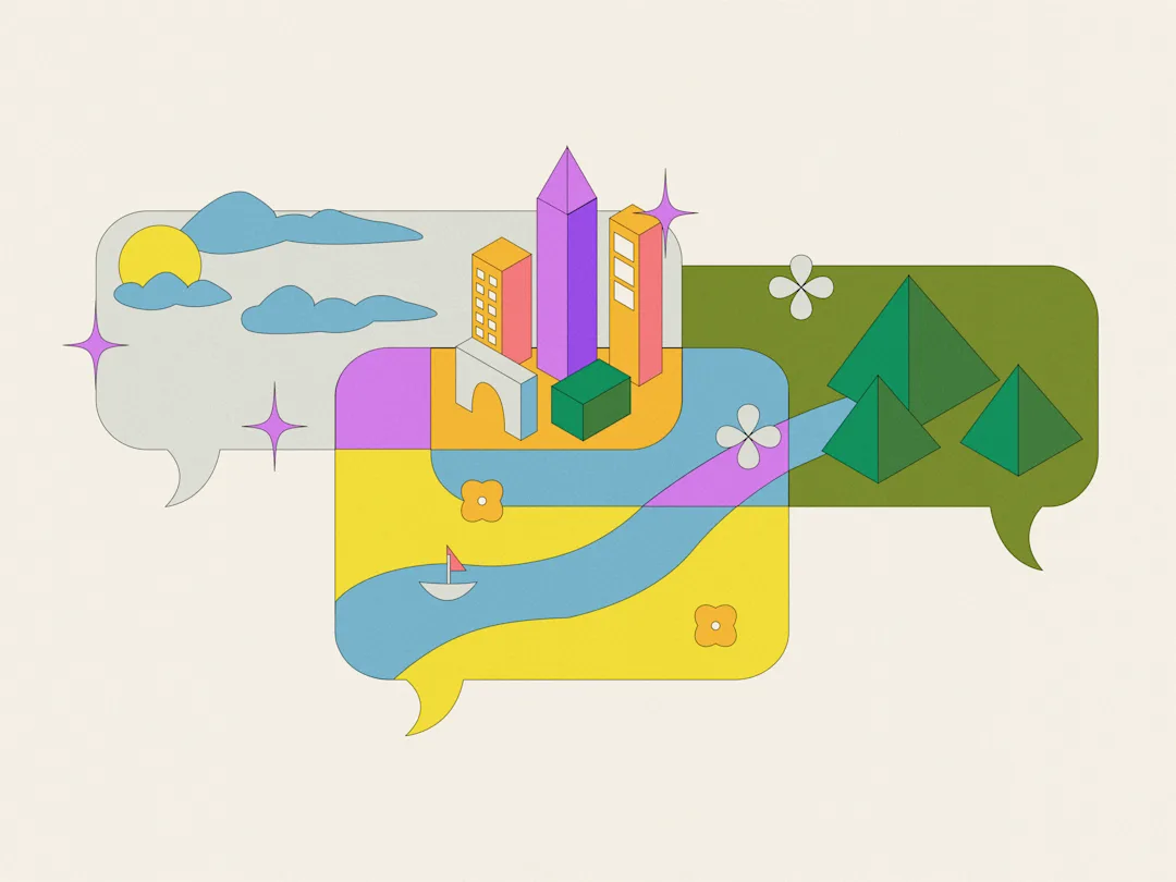 Three speech bubbles overlap. each bubble has a different landscape in it: One sky, one mountains and one river. In the centre of all three is a city landscape