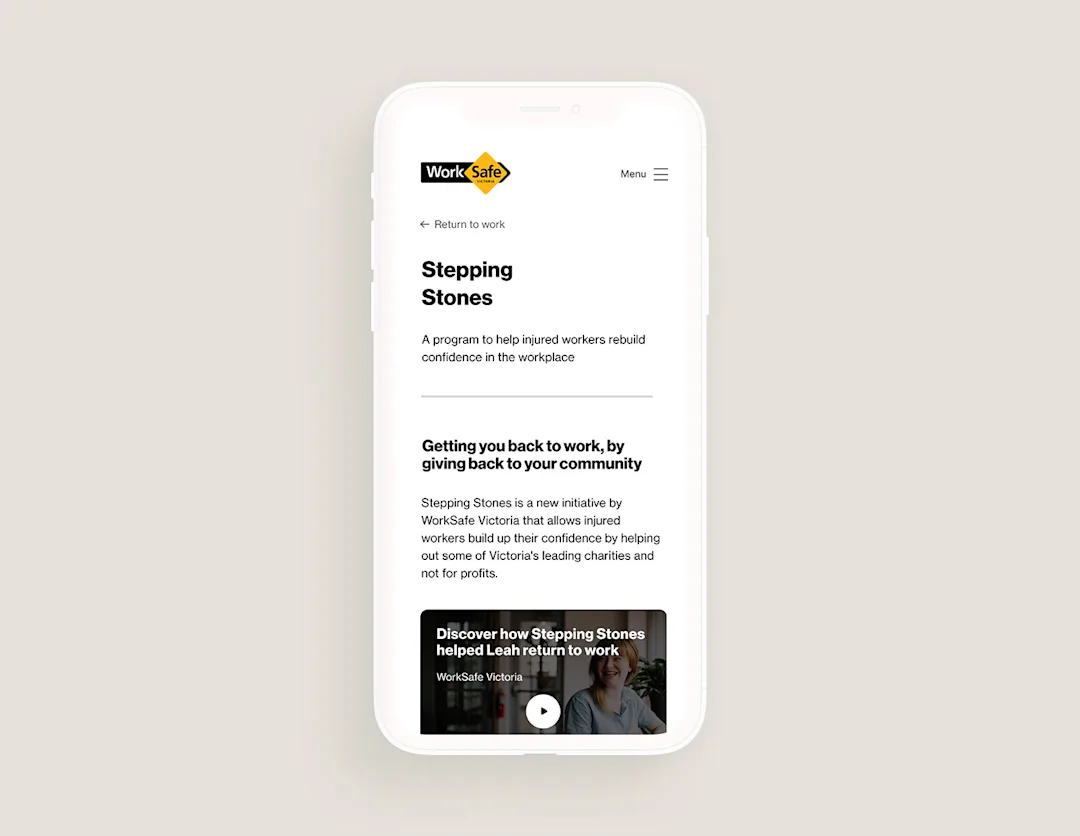 A mobile phone mock up showing the stepping stones concept - which is a set of carefully crafted content to help people return to work.