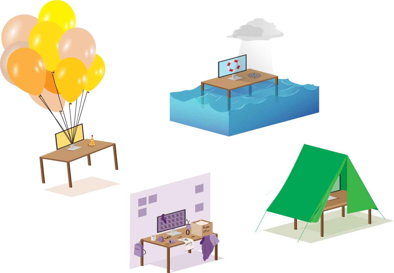 Desks in a range of settings- one with a tent over it, one in the ocean, one in an office and one with balloons attached