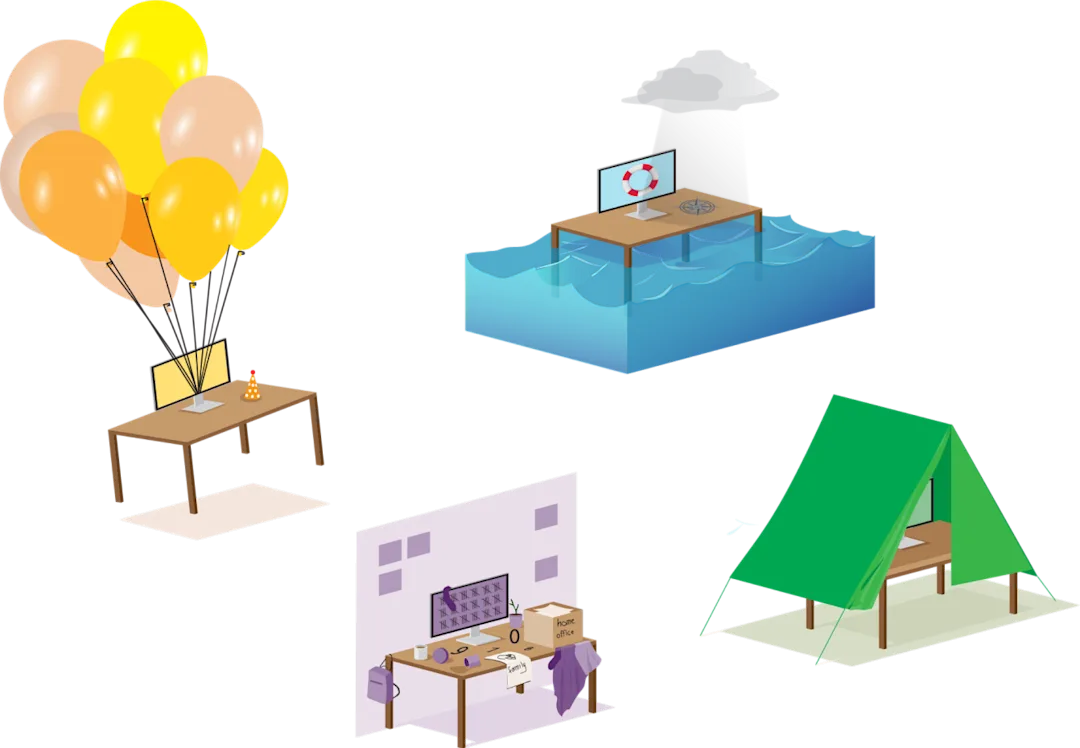 Desks in a range of settings- one with a tent over it, one in the ocean, one in an office and one with balloons attached