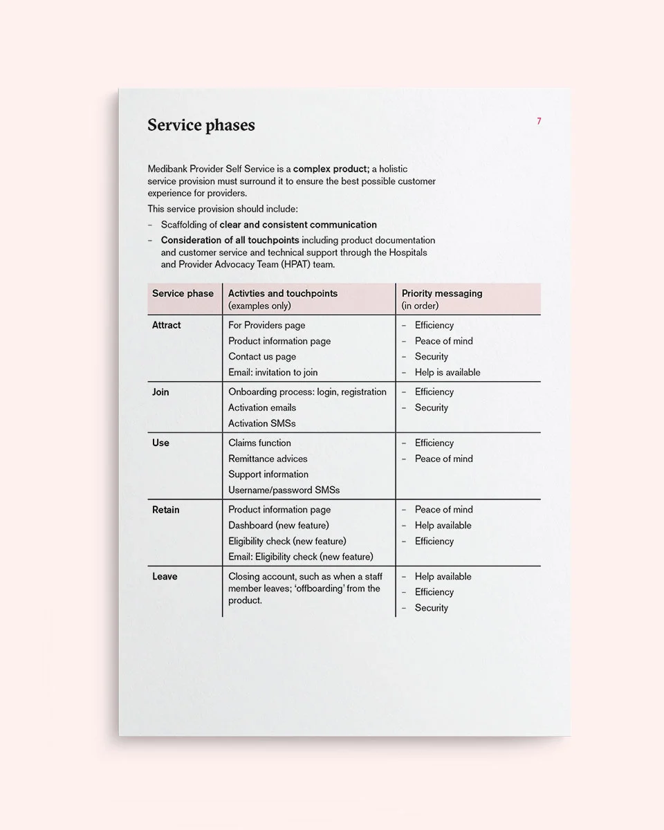 A page from the comms strategy showing the services phases - attract, join, use, retain and leave