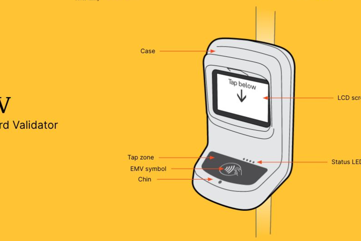 Technical illustration of the next-generation onboard validator showing key components: LCD screen, tap zone, EMV symbol, chin rest and status LEDs