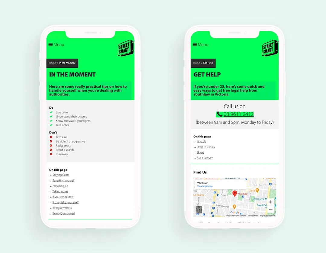 An image of how the street smart website looks on mobile. Highlighting what to do in the moment and how to get help.