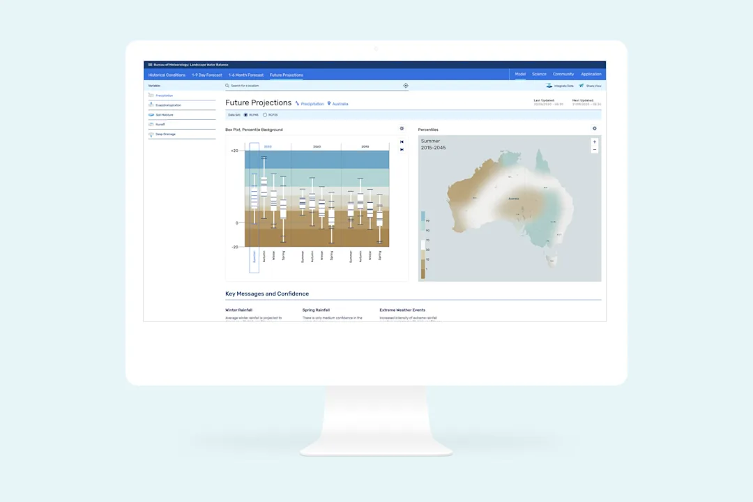 An image showing the interface of the AWRA-L data product. Showing how the landscape water balance will change based on climate change projections.