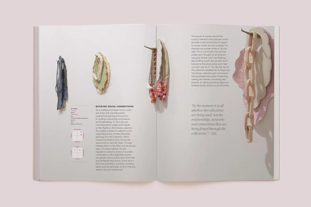 A spread of the research report, with text laid over a photo of art hung on a gallery wall.