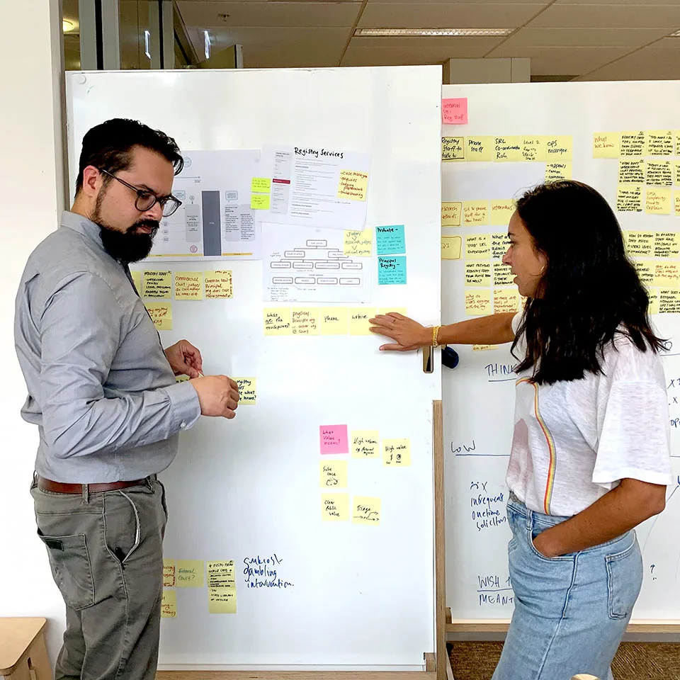 Roya Azadi, Strategy Director, and Reuben Stanton, Managing Director, stand in front of two white board sharing findings as part of the Supreme Court of Victoria project.