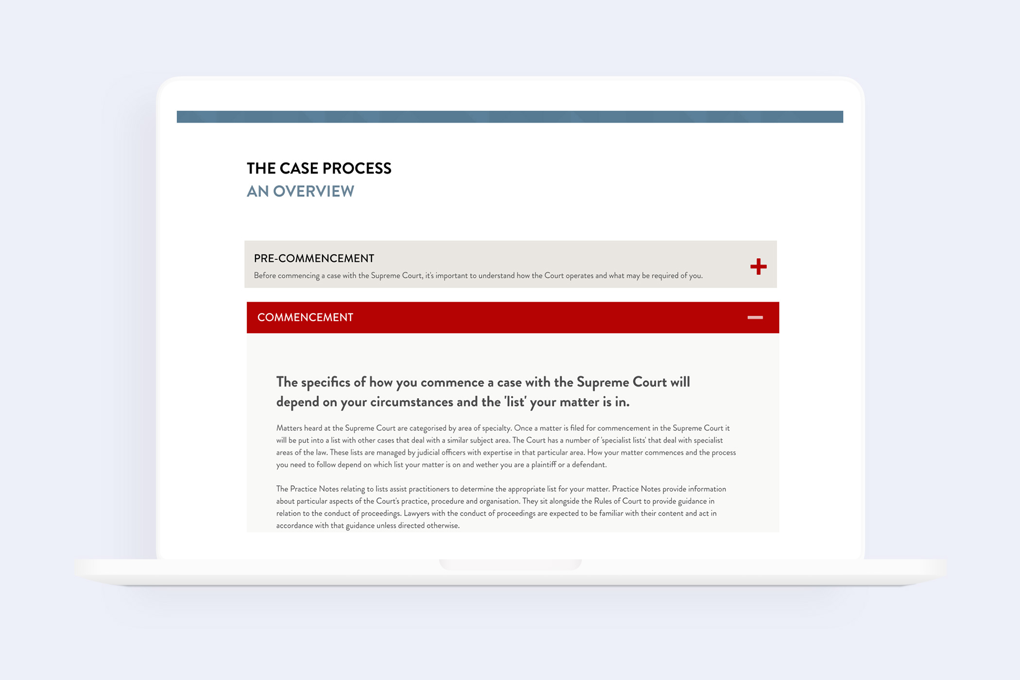 A visual of the Supreme Court website showing the key steps of the case process such as pre-commencement and commencement together with supporting content for users.