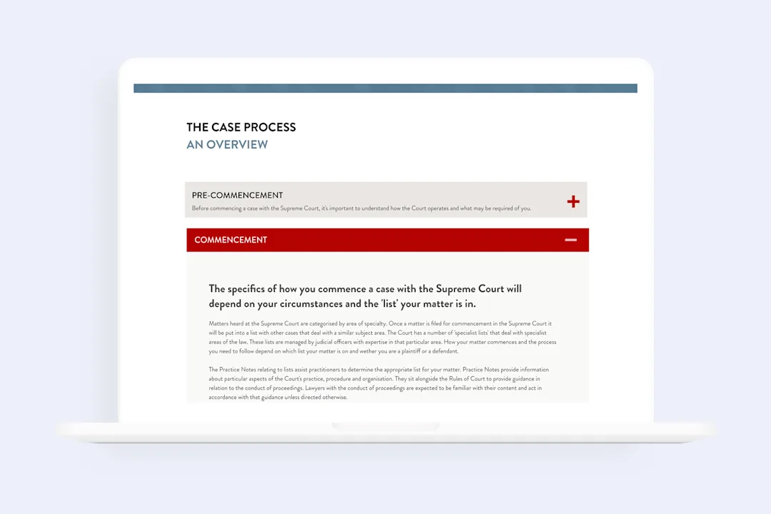 A visual of the Supreme Court website showing the key steps of the case process such as pre-commencement and commencement together with supporting content for users.