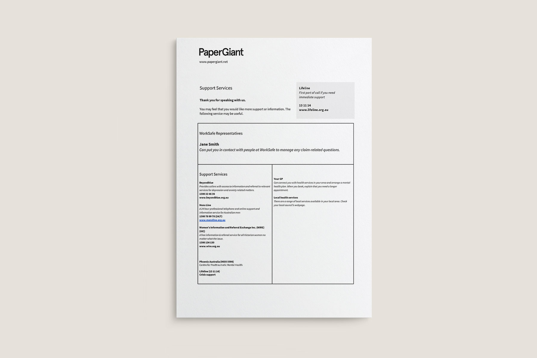 A page from the support pack developed as part of the project that sign posted key supports that participants could access if the interview raised any issues for them.