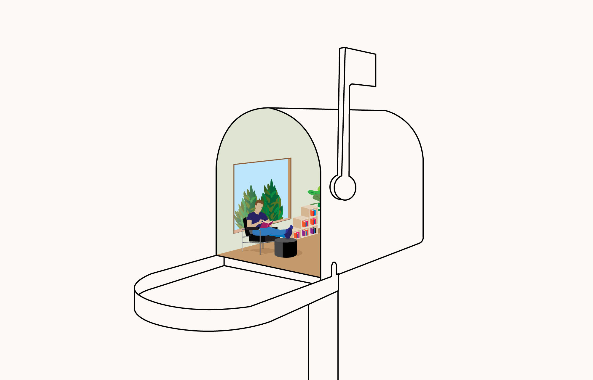 Abstract illustration of letterbox with a man casually reading a book inside