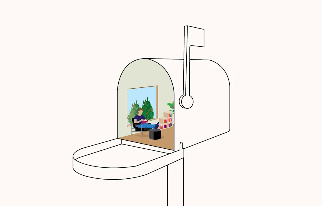 Abstract illustration of letterbox with a man casually reading a book inside