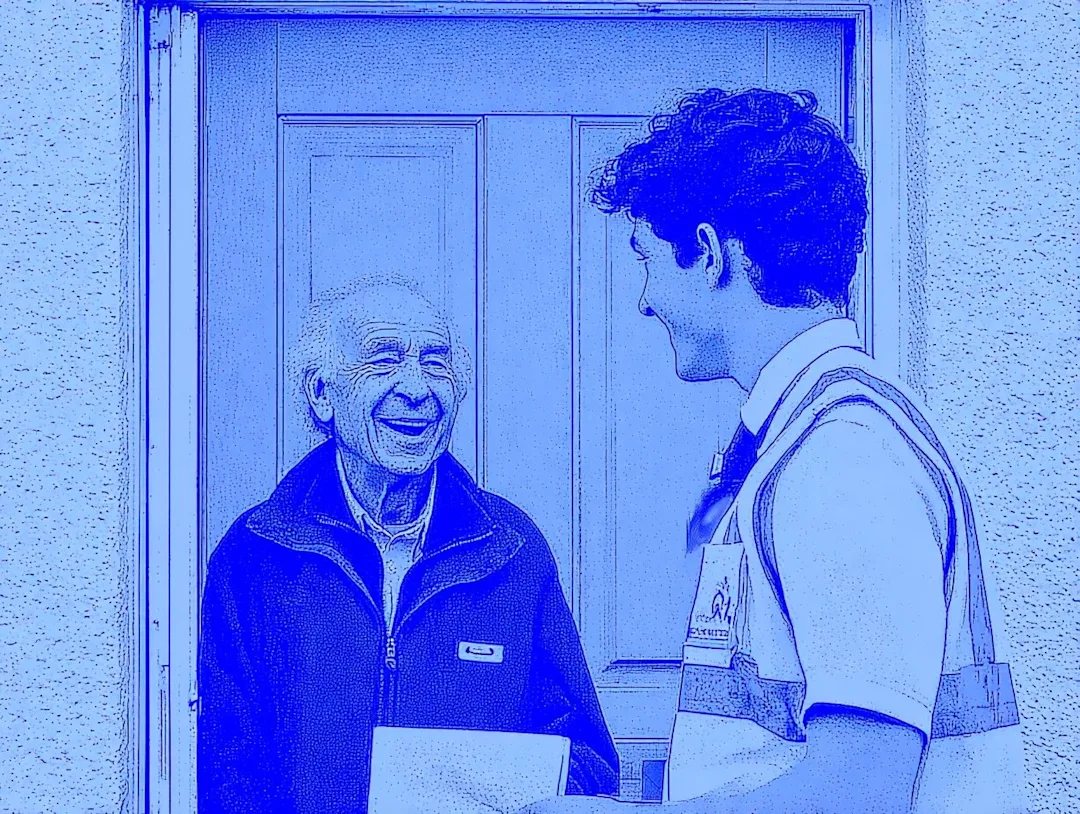 Illustration of a doorstep conversation between a volunteer and a resident