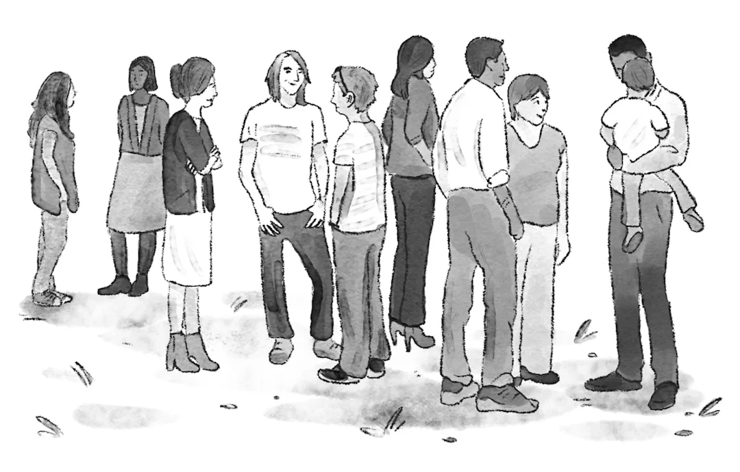 Illustration of a mix of people standing around, chatting casually