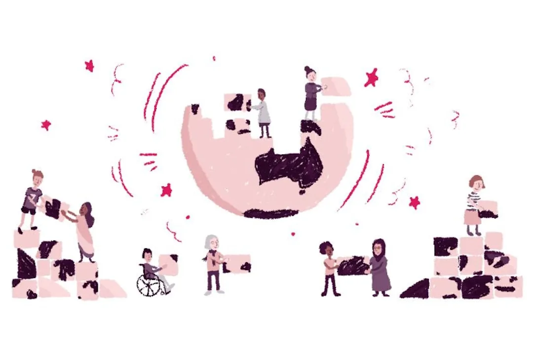 Illustration by Hope Lumsden-Barry people building earth together using blocks