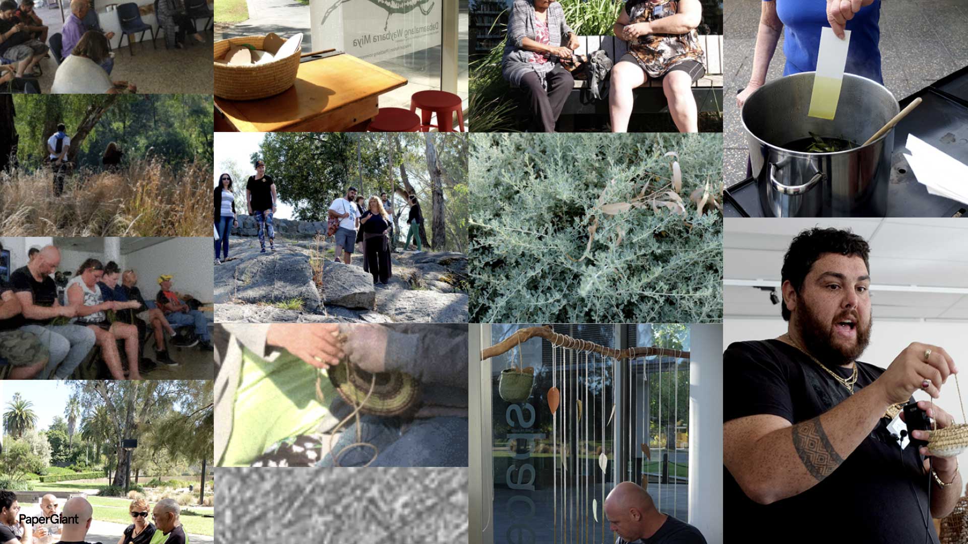 Collage of images showing Australian Aboriginal people both inside and in nature using their hands to create things