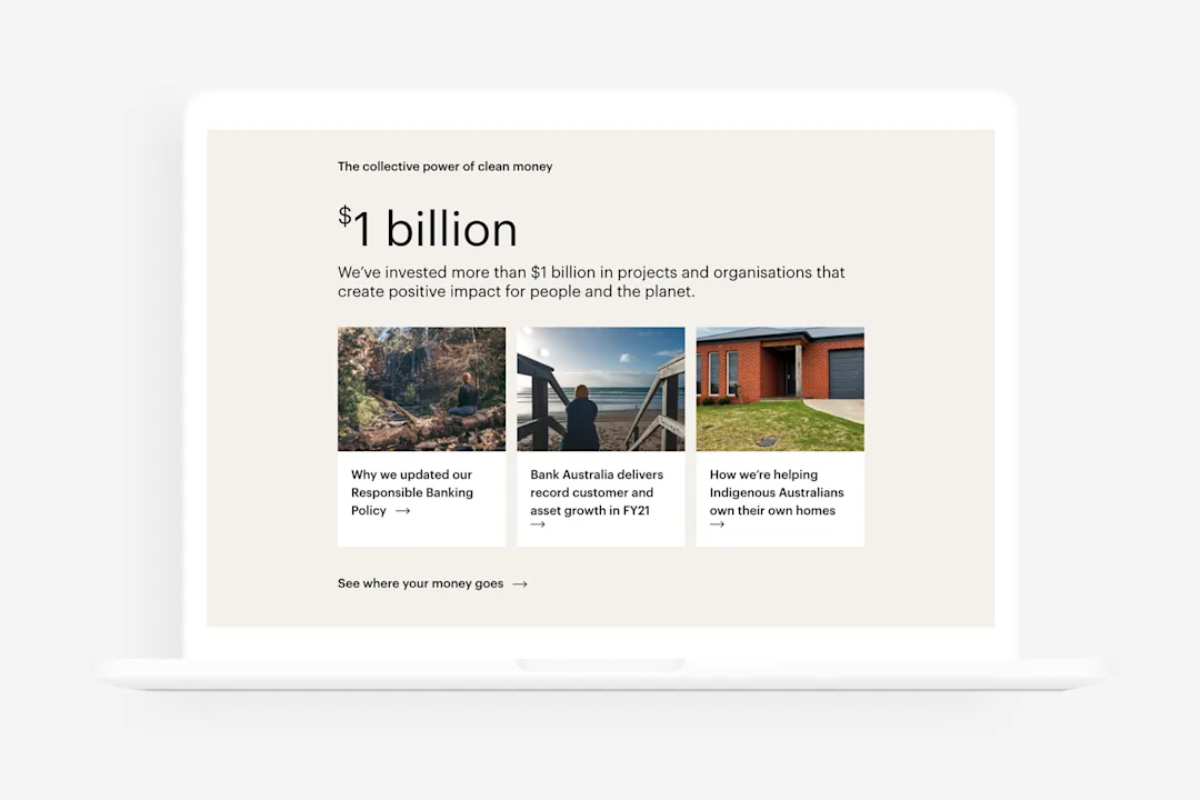 A screenshot showing different projects that Bank Australia invests in.
