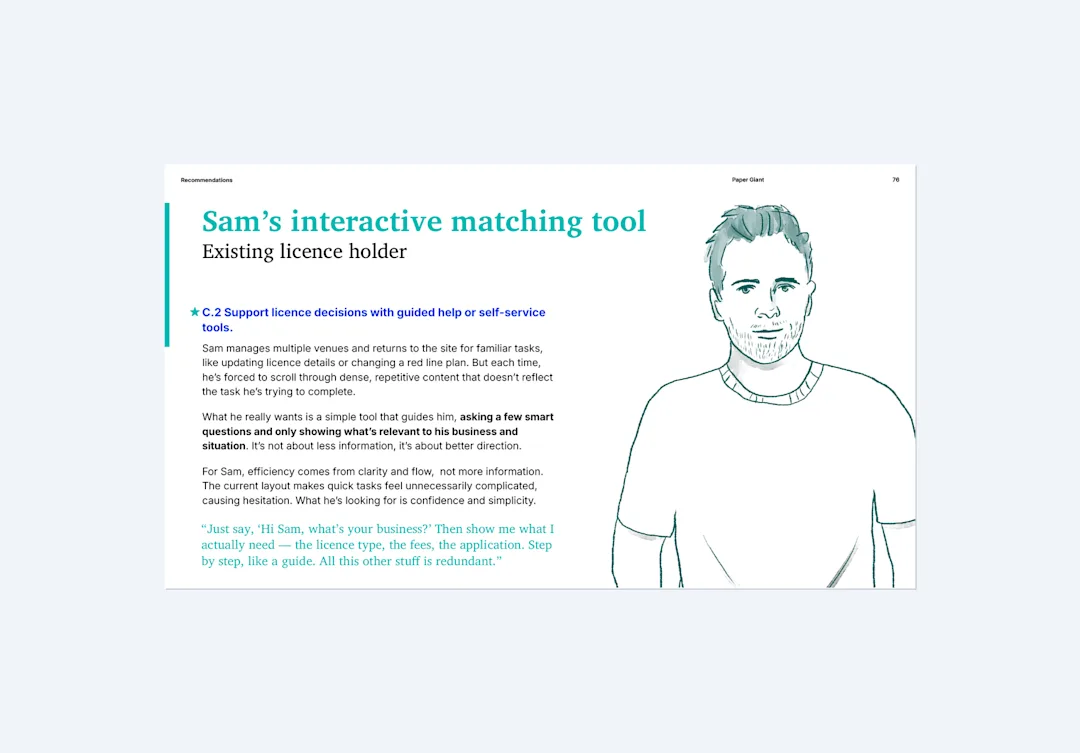 Persona case study: Sam, an existing licence holder wanting an interactive matching tool