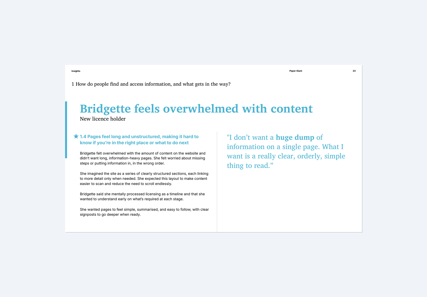 Persona case study: Bridgette, a new licence holder who feels overwhelmed with content