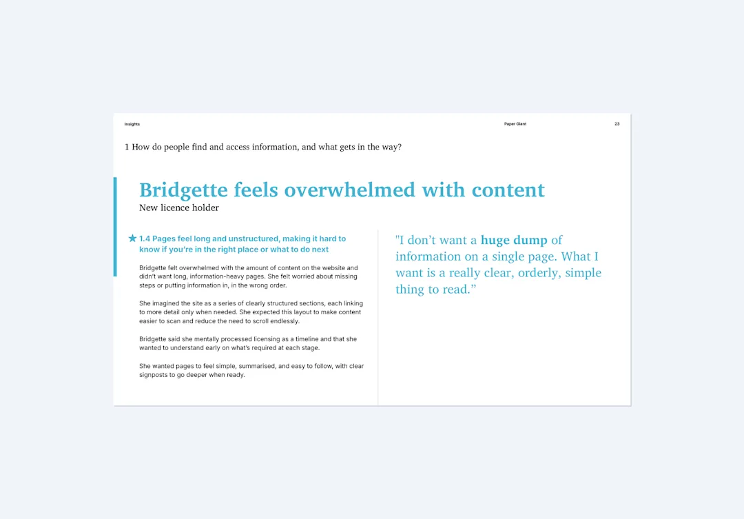 Persona case study: Bridgette, a new licence holder who feels overwhelmed with content