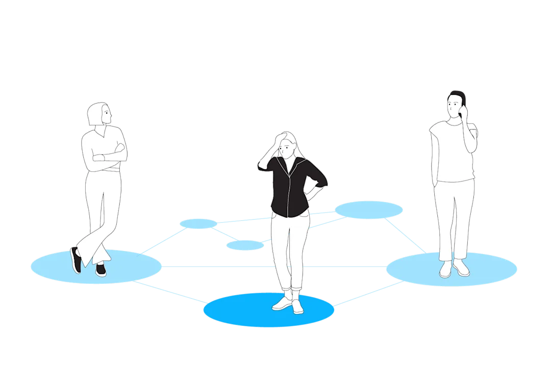 Illustration of people standing and thinking. They are standing alone but connected by a network lines.