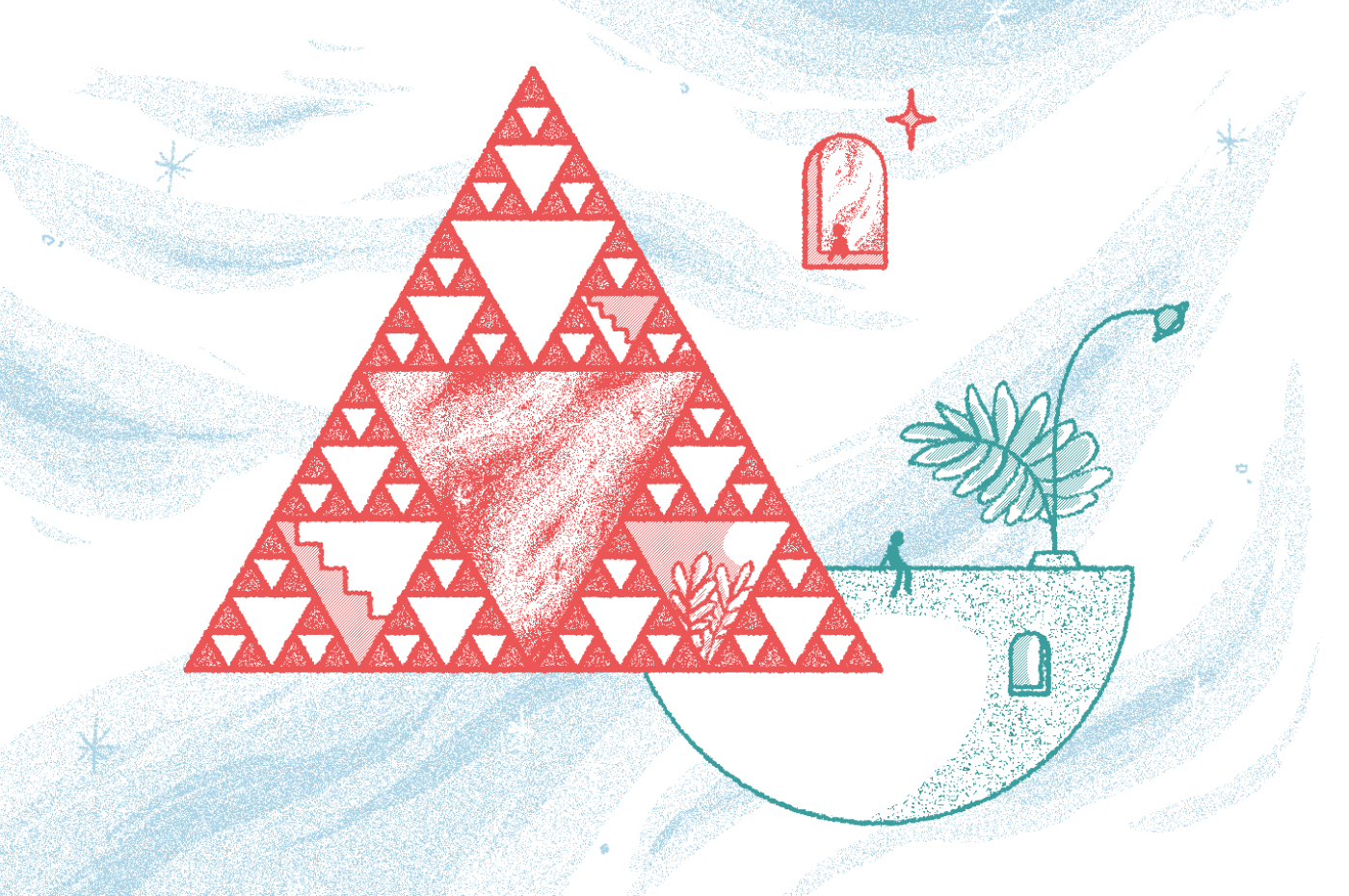 An illustration of fractals by Hope Lumbsden-Barry. The is a big red triangle, two windows and a plant and two small characters that play with the scale of what you are looking at.