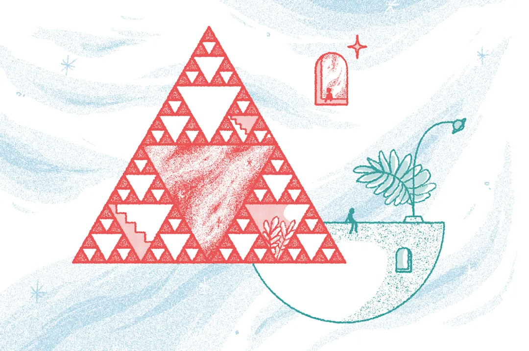 An illustration of fractals by Hope Lumbsden-Barry. The is a big red triangle, two windows and a plant and two small characters that play with the scale of what you are looking at.