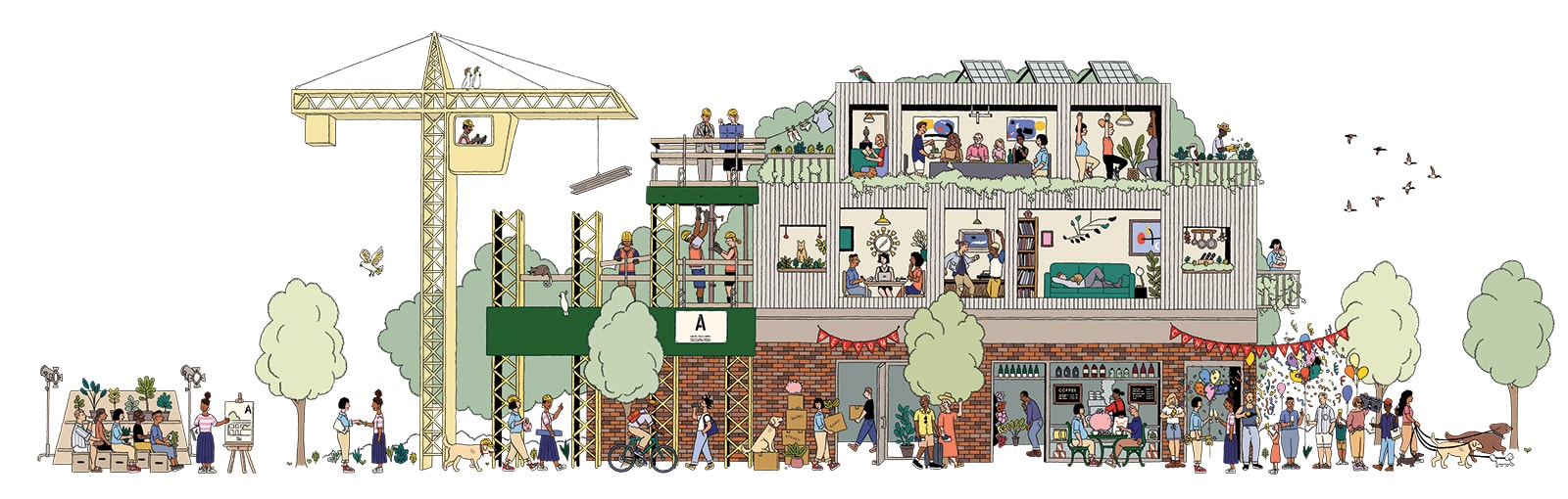 Illustration of a building partially in construction, surrounded by and full of people. 