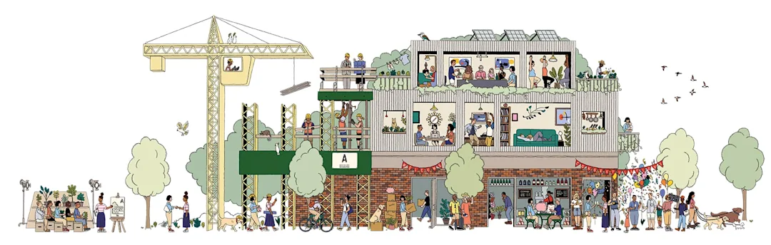 Illustration of a building partially in construction, surrounded by and full of people.