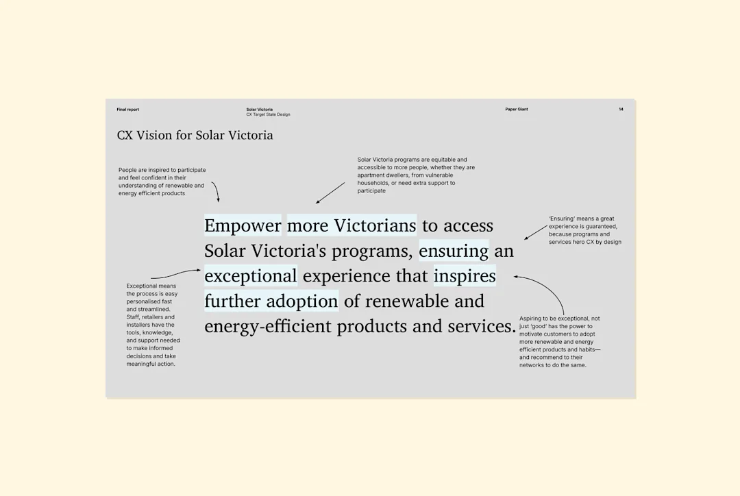 Report page showing the Solar Victoria CX Vision statement with annotations explaining each phrase