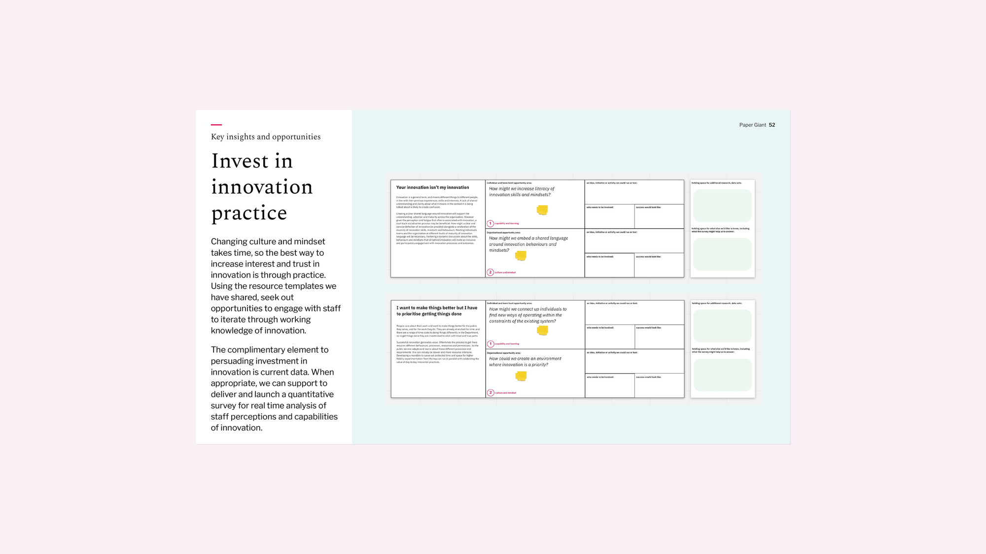 Digital whiteboard templates showing how research insights connect to opportunity areas and practical workshop activities