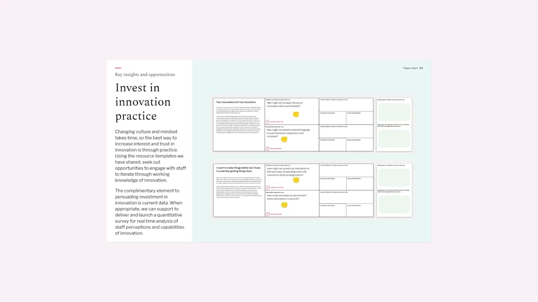 Digital whiteboard templates showing how research insights connect to opportunity areas and practical workshop activities