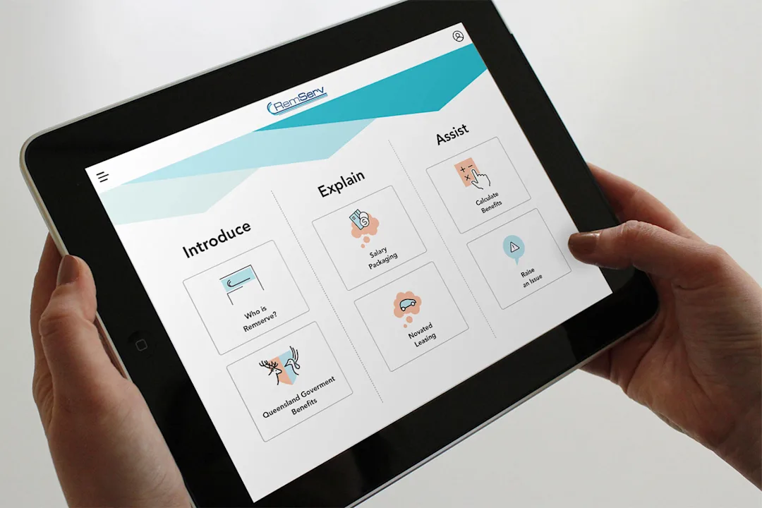 A person holds an iPad with a RemServ dashboard on the screen. There are three sections or columns with tiles in each. Some of the tiles include options such as 'who is RemServ?', 'salary packaging' and 'calculate benefits'.
