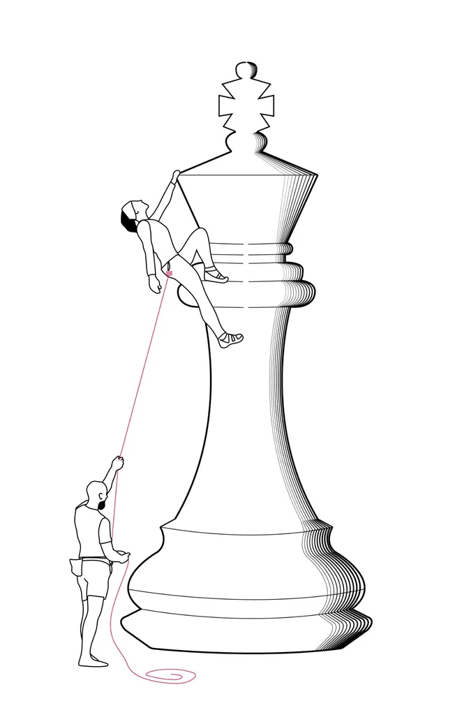 Line-art illustration of two people climbing a chess piece, resized for case study hero