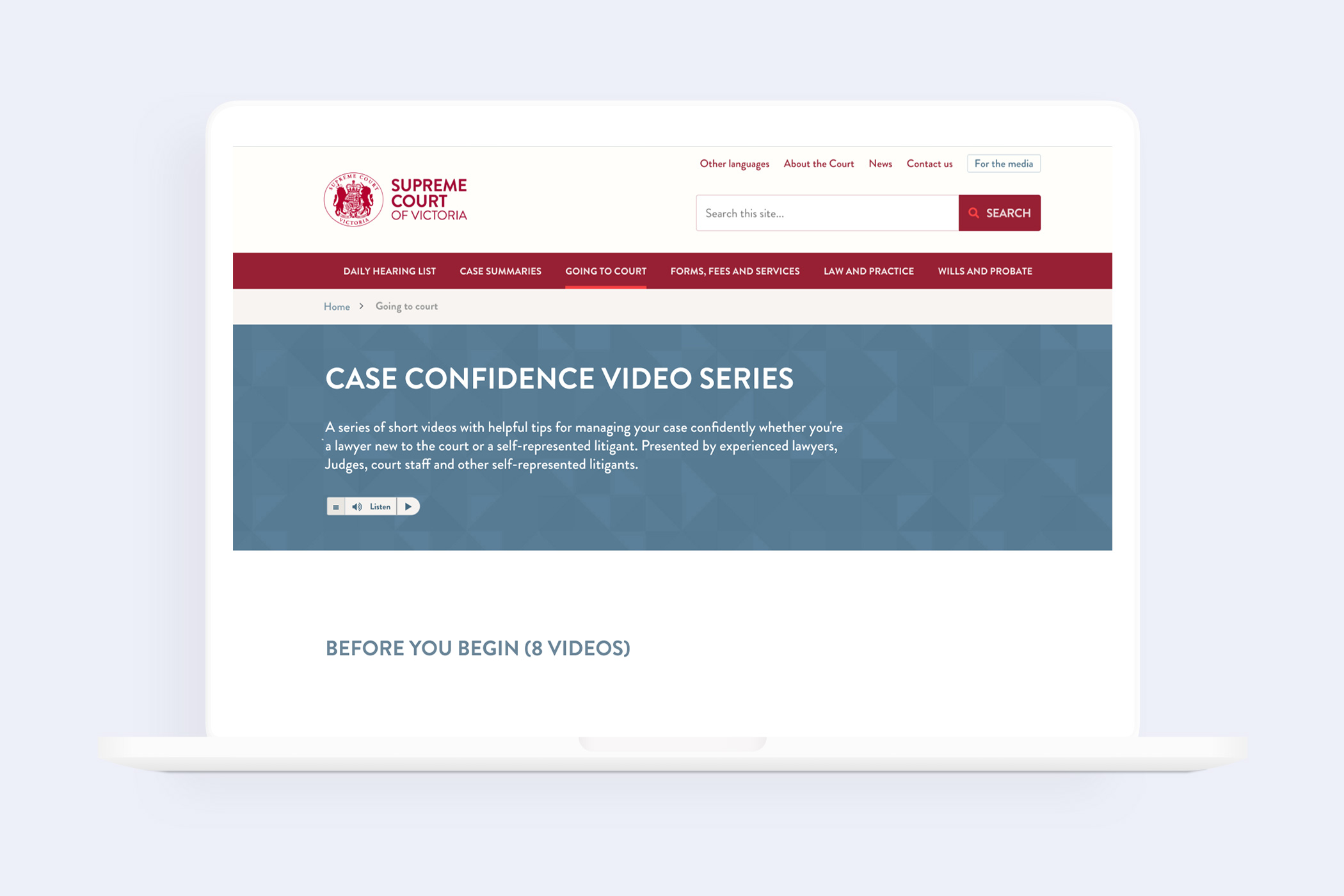A visual of the Supreme Court website showing the landing page of the case confidence video series. A series of video's to help people built their confidence before heading into court.