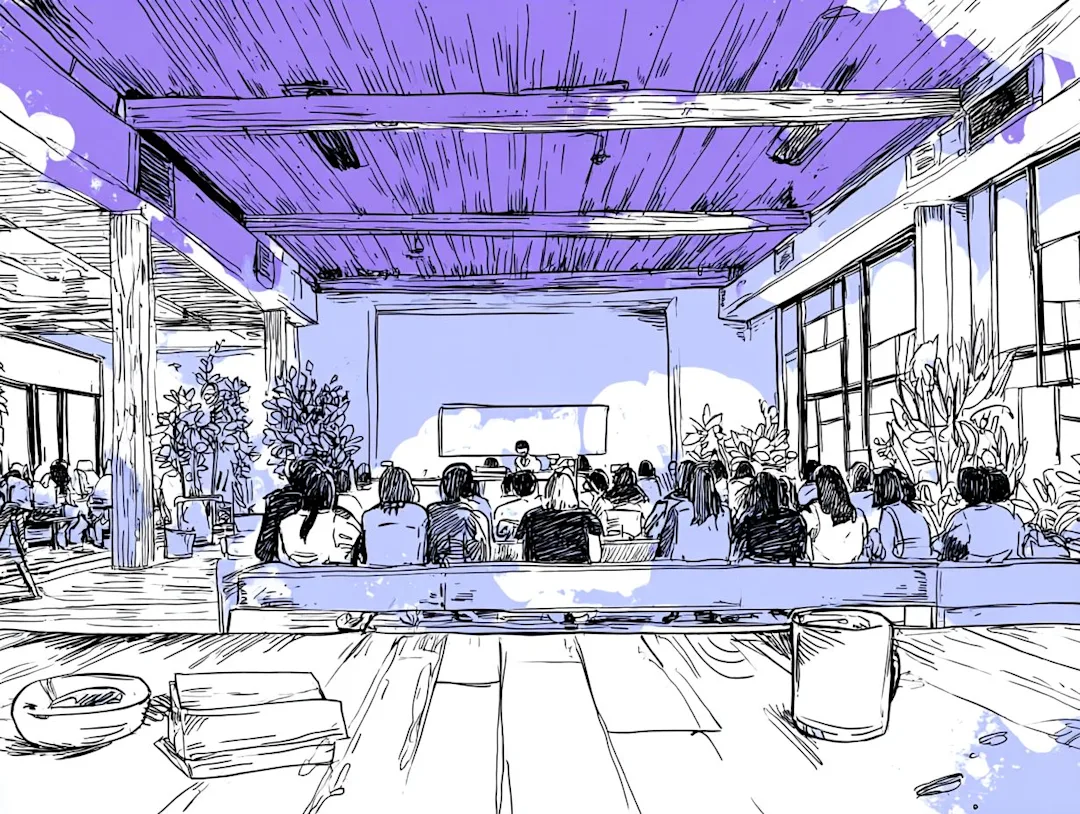 Illustration of community members gathered in a meeting space during the Darebin Cultural Diversity and Inclusion consultation