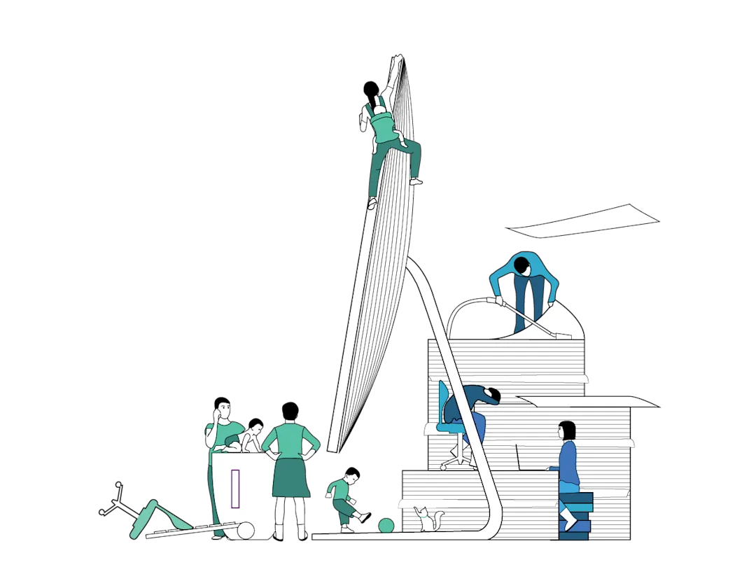 A picture of a computer on top of a desk surrounded by piles of paper. There are lots of tiny people everywhere dealing with different working from home situations making working very distracting.