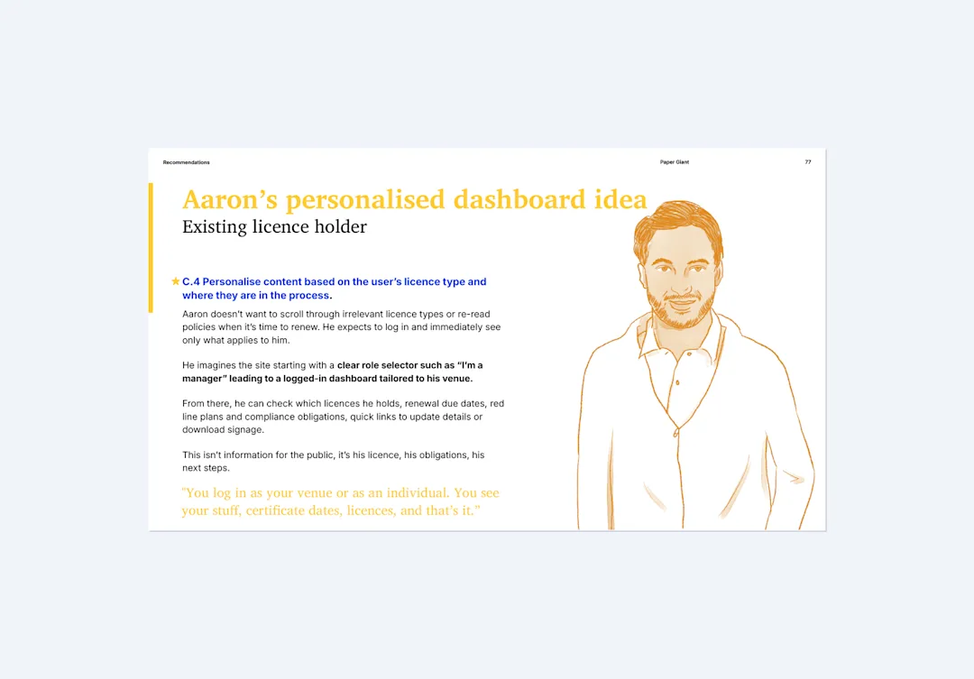 Persona case study: Aaron, an existing licence holder wanting a personalised dashboard