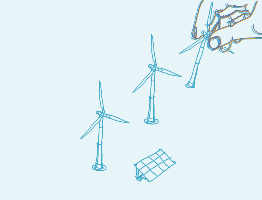 Illustration of windmills with a hand moving one of them